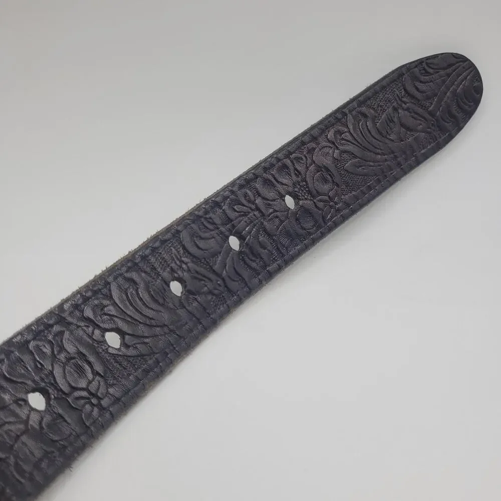 Vintage Liz Claiborne Belt XL Black Leather Tooled Western Floral Cowgirl Boho